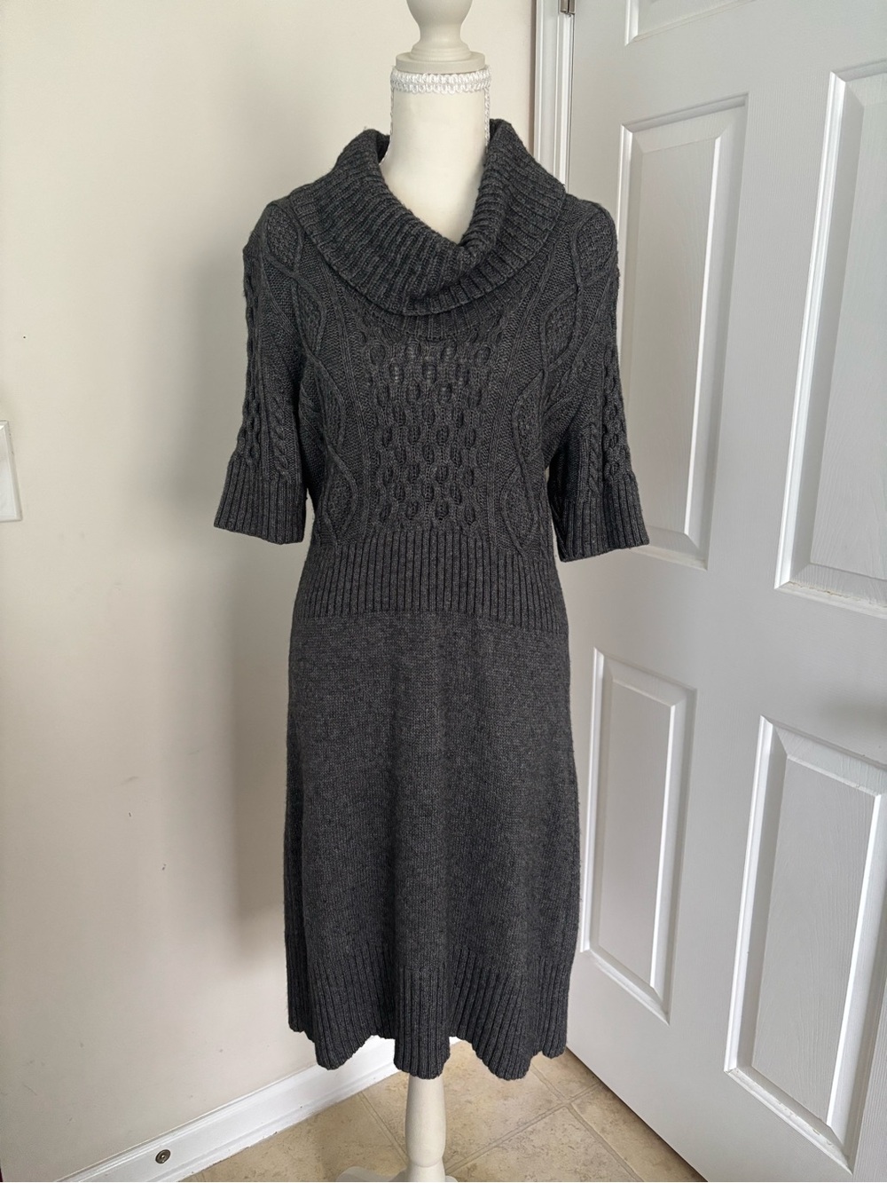 Ann Taylor LOFT Wool Blend Sweater Dress Cable Knit Cowl Neck Large Gray